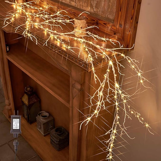 Hairui Lighted Birch Garland 6FT 120 LED Fairy Lights Plug in Pre-lit Twig Vine Lights for Christmas Fireplace Mantle Table Decoration Indoor Outdoor