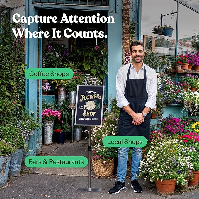 T-SIGN Adjustable Heavy Duty Pedestal Sign Holder Poster Stand - 11x17 Inch Vertical & Horizontal Sign Stand Displayed Poster Holder - Steel Square Base Sign Stands for Display (Silver)