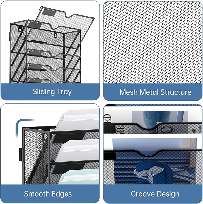 14 Tier Wall Hanging File Organizer, Paper Folder Holder Wall Mounted, Metal Mail Sorter for Office Home School, Black 2 Pack