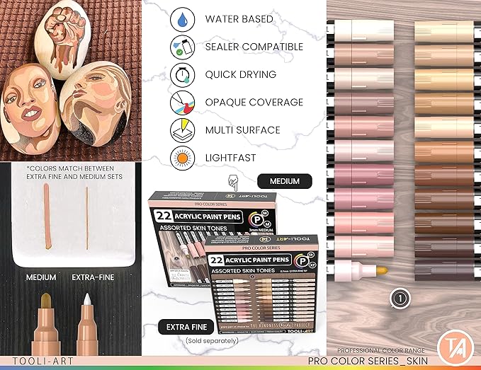 TOOLI-ART 22 Acrylic Paint Markers Paint Pens Pro Color Series Set 3mm Medium Tip for Rock Painting, Glass, Mugs, Wood, Metal, Glass Paint, Canvas, DIY. Non Toxic, Waterbased, Quick Drying (SKIN)