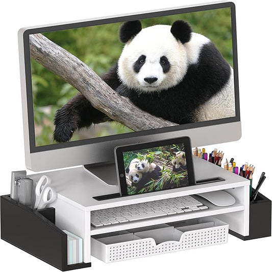 SIMPLE HOUSEWARE Desk Monitor Stand Riser with Adjustable Organizer Tray, Dual Tone - Black / White