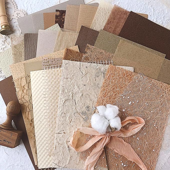 30Pcs Unique Handmade Textured Scrapbook Paper&Mesh Fabric set - A5 sheet Craft Mulberry Special Rice Paper Mix for Scrapbooking Junk Journaling Supplies Card Collage DIY Materials, 5.8x8.2 inches