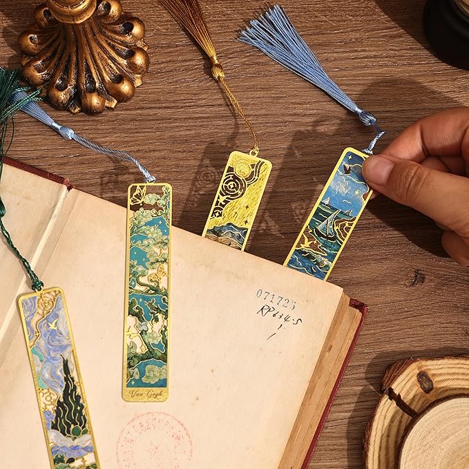 4 Pieces Metal Bookmarks with Tassel, Golden Hollow Bookmark Oil Painting Theme Book Mark Bookmarks for Book Lovers Writers Readers Children Teens for Women Adults Teen