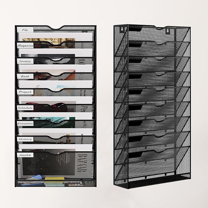 10 Tier Hanging Wall File Holder, Metal A4 Wall Mounted Document Holder, Vertical Hanging Mail Organizer, Magazine Storage Rack With Tray For Office Home Classroom, Black