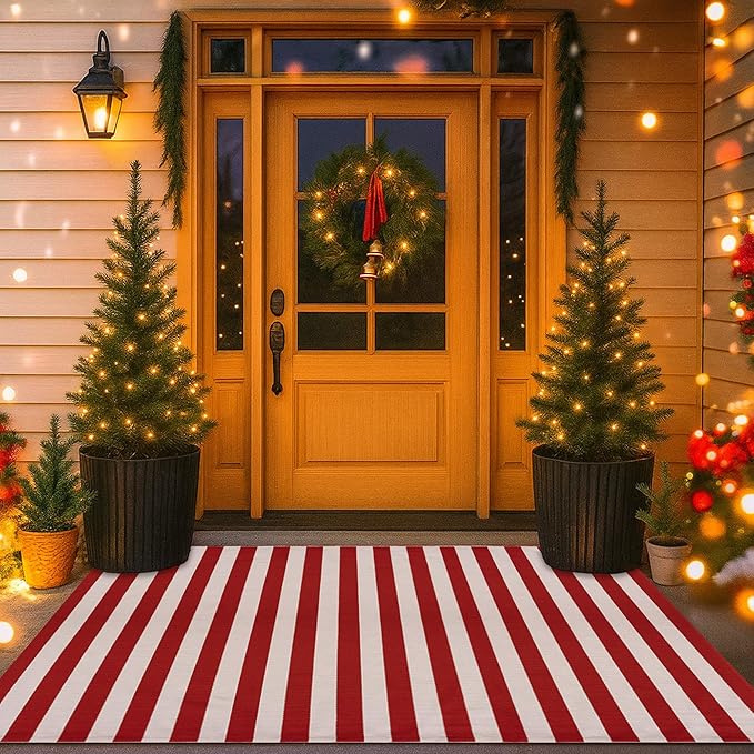 Christmas Red & White Striped Rug - 3' x 5' Outdoor Front Door Decor Mat Cotton Washable Hand-Woven Rug Christmas New Year Holiday Porch Entryway Layered Doormat