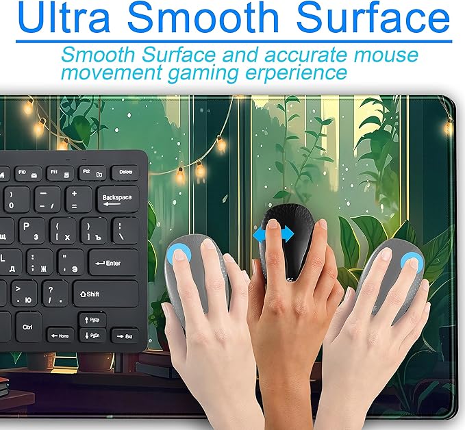 Cute Green Lofi Desk Mat Plants Mouse Pad Anime Forest Aesthetic Nature Desk Pad, XXL Large Gaming Extended Mousepad for PC Laptop Keyboard Mouse Mat Women Office Decor Girl Playmat 31.5x15.75 in