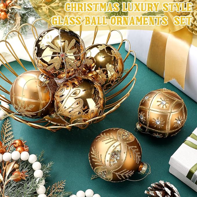 6 Pcs 3.15 Inch Glass Luxury Christmas Ball Bronze and Gold Ball Ornaments Glass Christmas Tree Decorations Luxury Hanging Ornaments for Xmas Tree Party Holiday Decor