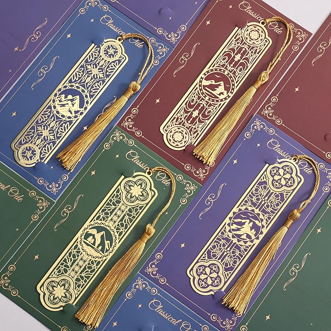 4 Pieces Metal Bookmarks with Tassel Big Size, Golden Vintage Aesthetics Scenery Mountain Theme Book Mark, Bookmark for Women Book Lovers Gift Writers Readers Teens Men