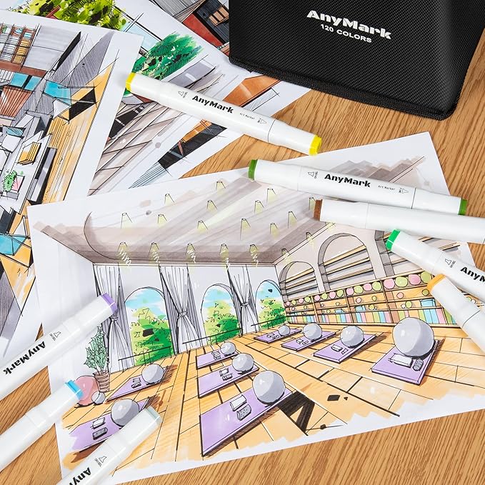 AnyMark Alcohol Markers, 120 Colors Dual Tip Art Coloring Markers Set for Kids Adult Book Drawing Sketching Painting, Chisel & Fine, White Penholder