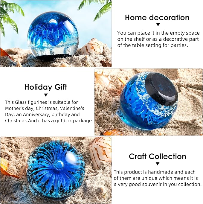 EUSTUMA Blue Hand Blown Glass Anemones Sculpture, 3.15x3.15x3.15 inches, 1.52 lbs, Paperweight, Fish Tank Ornament, Figurine Gift Box, Home Decoration