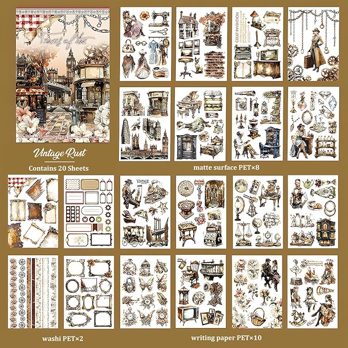 Snycler Retro Rust Stain Theme Sticker Scrapbooking Supplies for Junk Journal, 20 Sheets PET Stickers - Vintage Journaling Stickers, Ephemera Sticker Book Pre Cut, Planner, Junk Journal Supplies