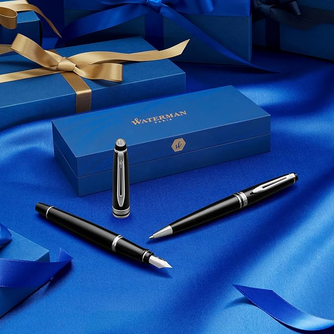 Waterman Expert Ballpoint Pen, Black with Golden Trim, Medium Tip, Blue Ink, Gift Box