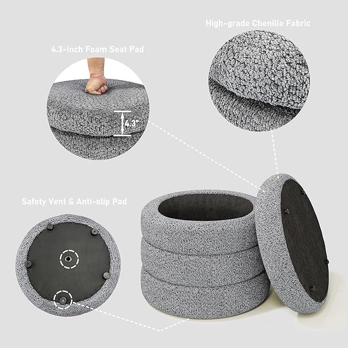 Storage Ottoman, Round Ottoman with Storage, Vanity Stool Foot Rest with Removable Lid, Round Boucle Upholstered for Living Room Pouf Footstool