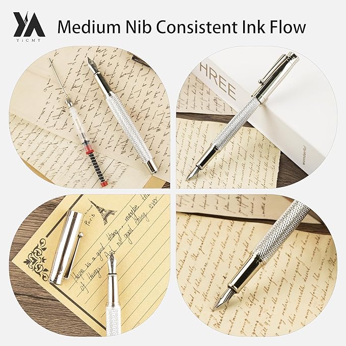 Fancy Fountain Pen Set – Fine & Medium Nibs, Includes 18 Ink Cartridges, Ink Converter, Syringe Filler, Luxury Gift for Writing, Journaling & Calligraphy，Silvery