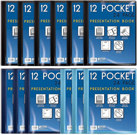 Better Office Products 12 Pocket Bound Presentation Book, Assorted Colors, Clear View Front Cover, 24 Sheet Protector Pages, 8.5" x 11" Sheets, Art Portfolio, Poly Covers, Letter Size (12 Pack)