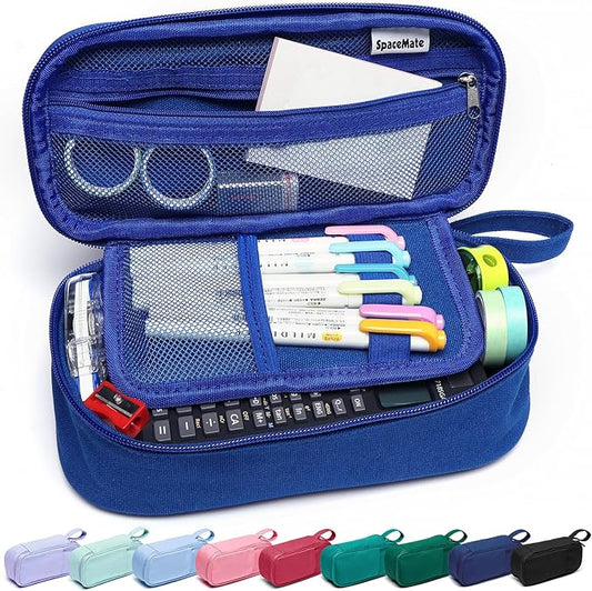 Pencil Case Pouch Box Bag School Supplies Girls Boys Kids, Cute Preppy Stuff Large Big Capacity Aesthetic Pen Organizer, Back to College Stationary, Sapphire Blue, Heavy Duty Canvas, 1800ml