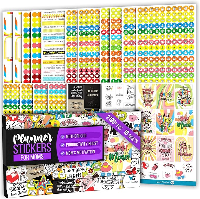 2190+ pcs Busy Mom Planner Stickers - 18 Sheets - Productivity-Boosting & Motherhood-Supportive, Creative & Motivational & Funny Quotes, Calendar Icons for Sport Moms, Schedule, Appointments