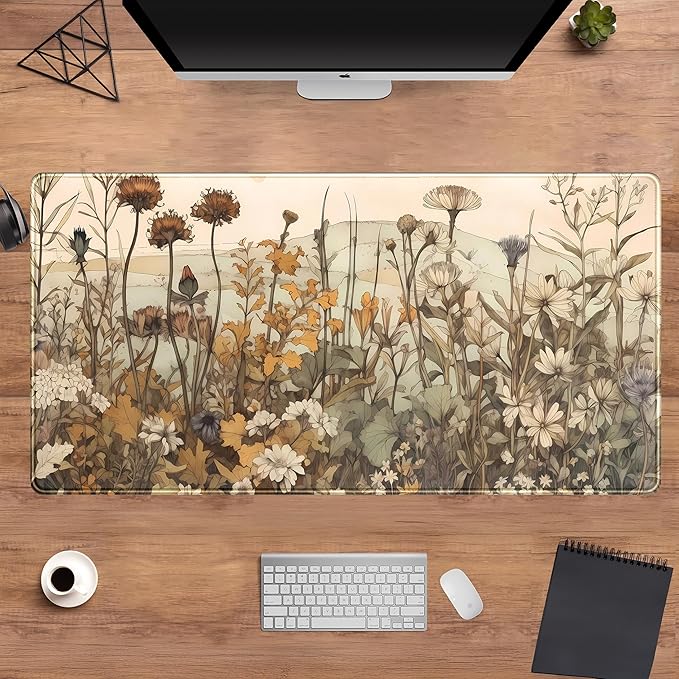 Pastel Wildflower Botanical Floral Desk Mat XXL Large Gaming Mouse Pad, Cute Nature Plant Flower Desk Pad Computer Mat 31.5x15.75 in, Laptop Keyboard and Mouse Mat Desktop Decor for Women