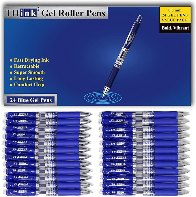 THINK2MASTER [24 Pens - Blue Ink] Think2 Retractable Gel Pens. (24 Blue) Fine Point (0.5mm) Rollerball Pens with Comfort Grip.