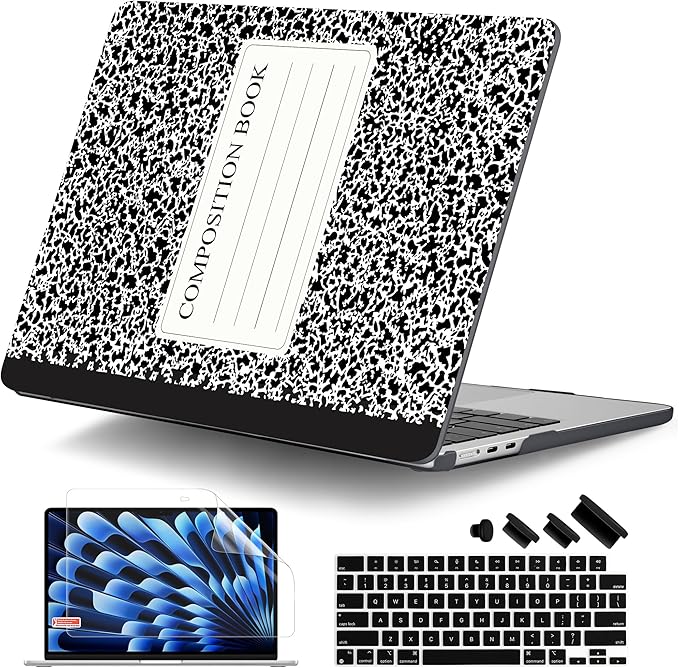 DONGKE Compatible with M4 MacBook Air 15 inch Case 2025 2024 2023 A3241 A3114 A2941 M3 M2 Liquid Retina Display Touch ID, Plastic Hard Case & Keyboard Skin & Screen Protector - Composition Book