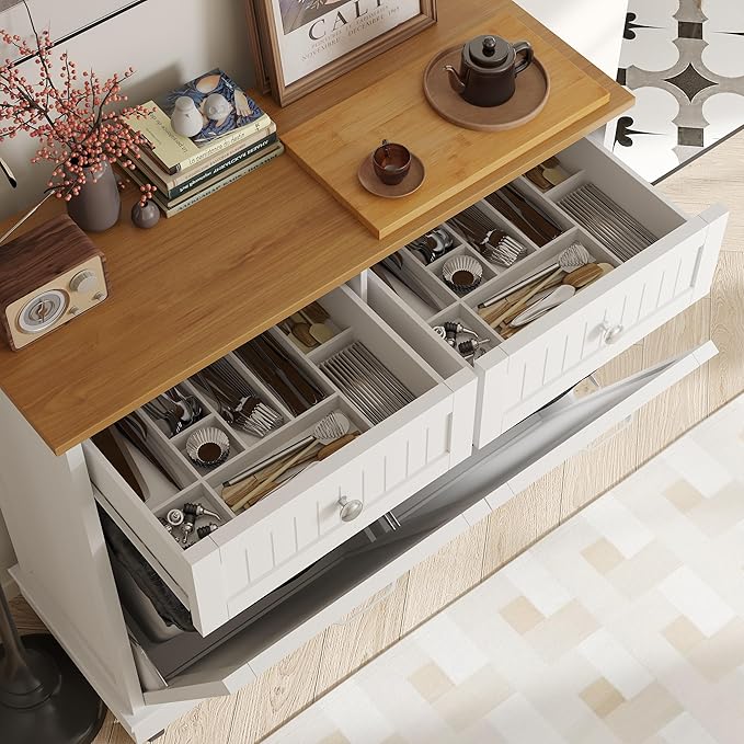 20 Gallon Tilt Out Trash Cabinet, Wooden Kitchen Trash Can Cabinet with Hideaway Drawer, Freestanding Laundry Hamper Garbage Recycling Cabinet on Wheels, Pet Proof, Double, White