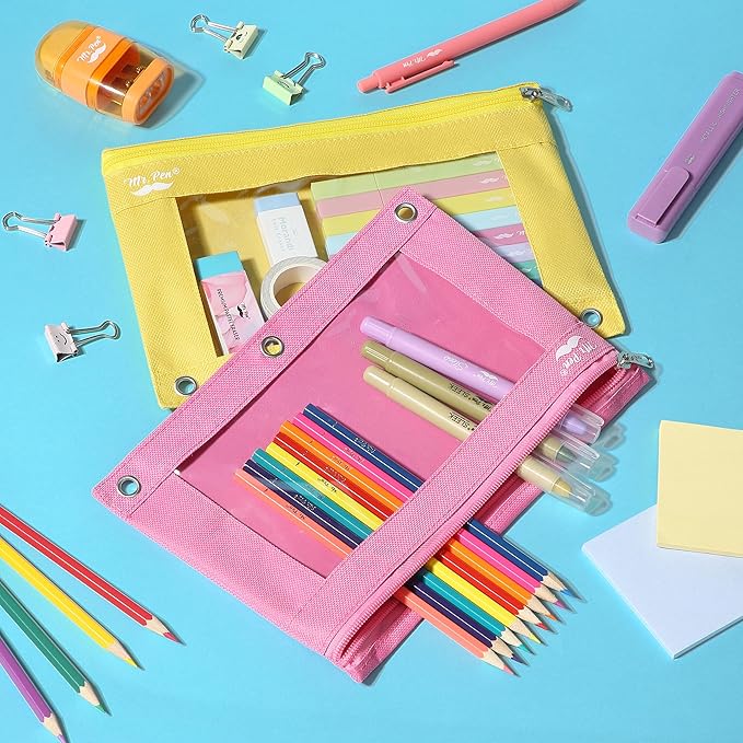 Mr. Pen- 2 Pack Pencil Cases, Pink and Yellow Flat Zipper Pouch for 3 Ring Binder