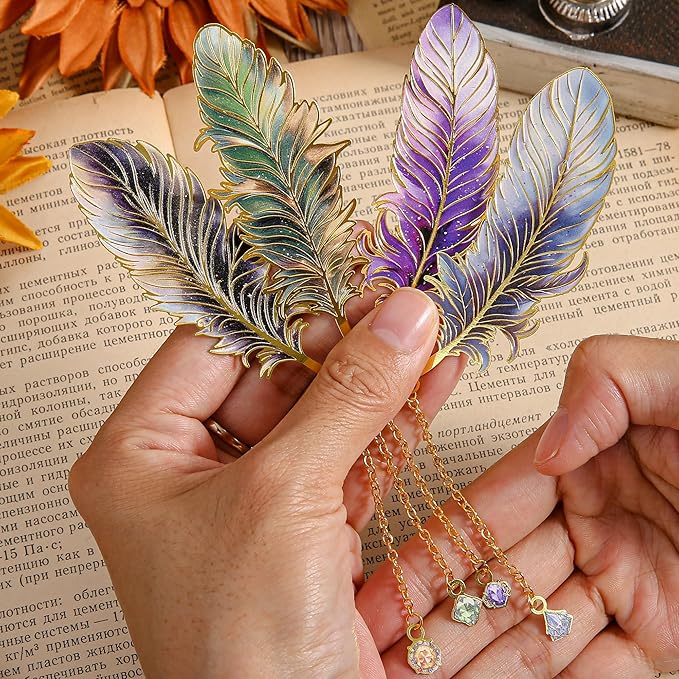 Feather-Shaped Metal Bookmarks with Chain, 4-Pack Vintage-Inspired Book Marks Set - Cute Unique Page Markers Gifts for Book Lovers, Readers, Writers, Reading Women, Men, Kids, Teens (Starry Wings)