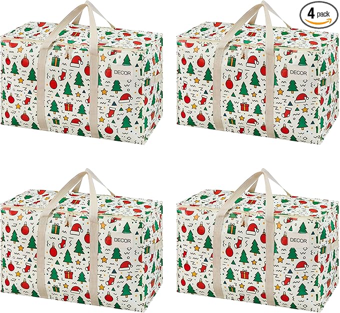 VENO 4 Pack Moving Bags and Large Christmas Storage Bins with lids. Alternative to Moving Boxes, Packing Supplies for College. Extra Large Heavy Duty Totes for Packaging (Jingle Mix, 4 Pack)