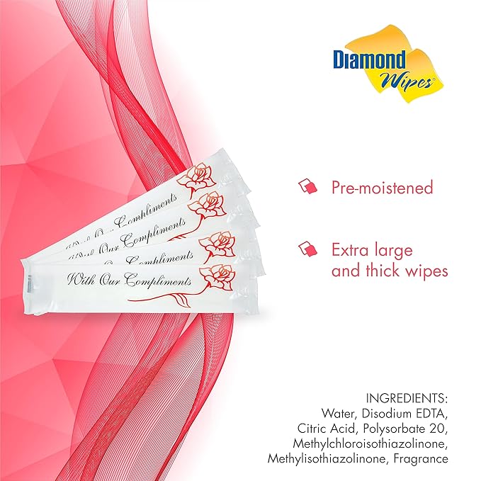 Diamond Wipes Pre-moistened Hand Wipes - “With Our Compliments” Logo 10x8” Extra Thick Lemon-Scented Pack of 250 Individually Wrapped Wet Wipes