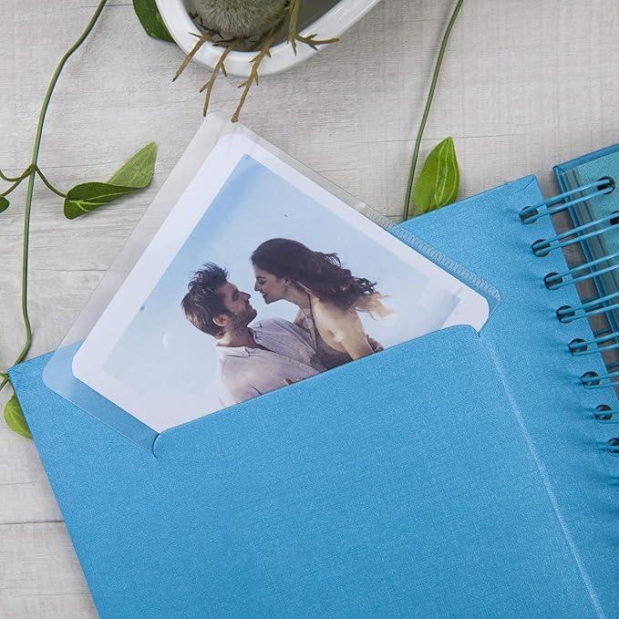 8 x 8 Inch Small DIY Scrapbook Photo Album with Window Design Cover 80 Pages Craft Paper Memory Book for Weeding Family Travel and Baby (Blue)