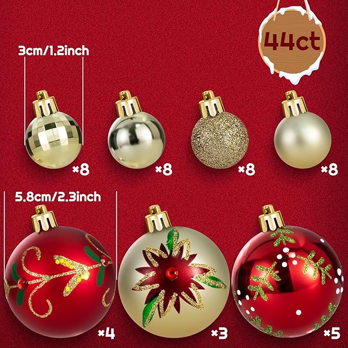 44PCS Christmas Ball Ornaments Set Xmas Tree Decoration Balls 2025 Shatterproof Hanging Colored for Party Wedding Home Party Outdoor Indoor Red & Golden