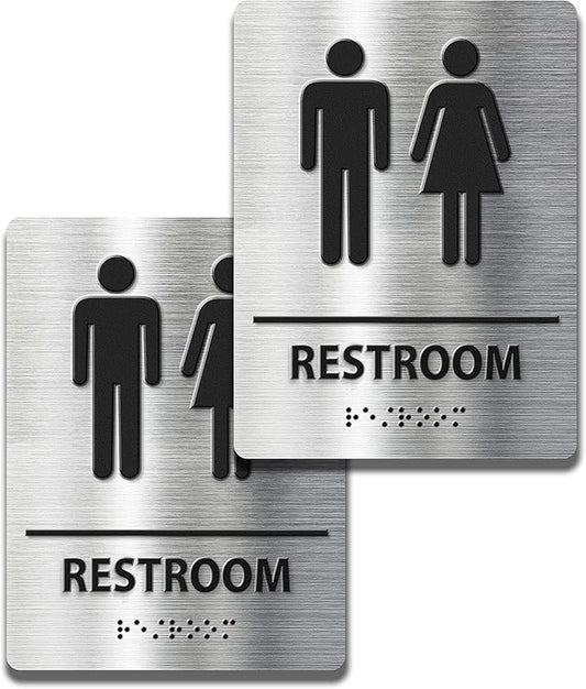 ADA-Mark Modern Restroom Sign for Business - 2PK ADA Compliant Braille Bathroom Sign with Easy Installation - 6" W x 8" H