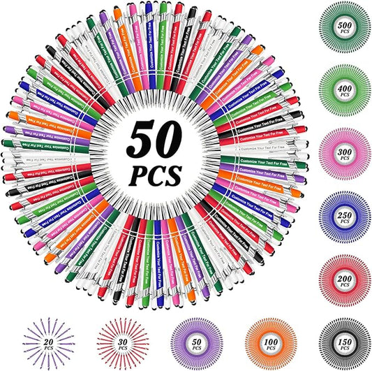 Max 500 Pcs Personalized Pens Bulk, Custom Pens with Free Engraving, Customized Stylus Tip Ballpoint Pen with Your Name Massage Text for School Office Business Graduation Anniversaries-50 Packs