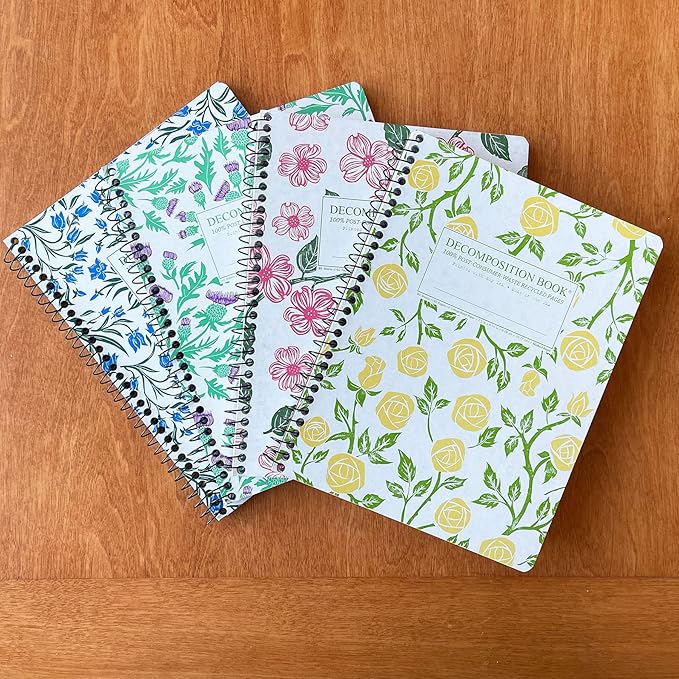 Decomposition 4-Pack Flowery Bouquet College Ruled Spiral Notebook - 9.75 x 7.5 Journal with 160 Lined Pages - 100% Recycled Paper - Cute Notebooks for School Supplies, Home & Office - Made in USA