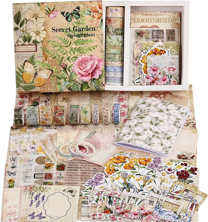 Vintage Botanical Scrapbooking Supplies Kit, Aesthetic Flower Scrapbook Kit for Bullet Junk Journal, 12 Rolls Washi Tape, Stickers Papers for DIY Journaling Supplies, Craft Gift for Girl Kid Women