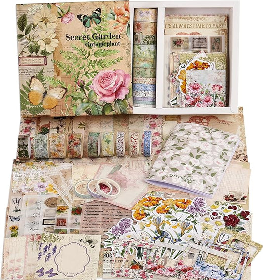 Vintage Botanical Scrapbooking Supplies Kit, Aesthetic Flower Scrapbook Kit for Bullet Junk Journal, 12 Rolls Washi Tape, Stickers Papers for DIY Journaling Supplies, Craft Gift for Girl Kid Women