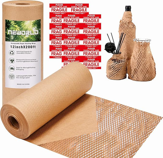 Neworld Honeycomb Packing Paper,12" x 200' Eco Friendly Packing Paper Alternative to Bubble Cushioning Wrap for Moving Shipping Packing, Recyclable Moving Supplies Bubble Packing Wrap Protective Roll