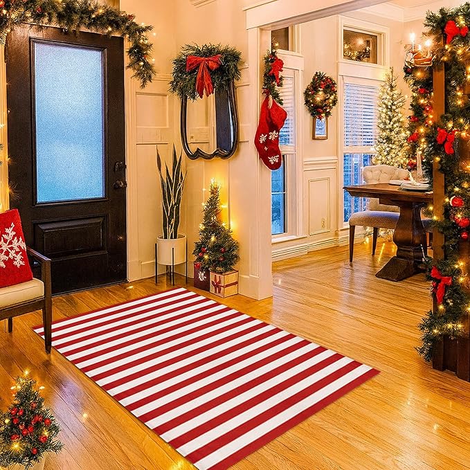 Christmas Red & White Striped Rug - 28 x 43 Inches Outdoor Front Door Decor Mat Cotton Washable Hand-Woven Rug Christmas New Year Holiday Porch Entryway Layered Doormat