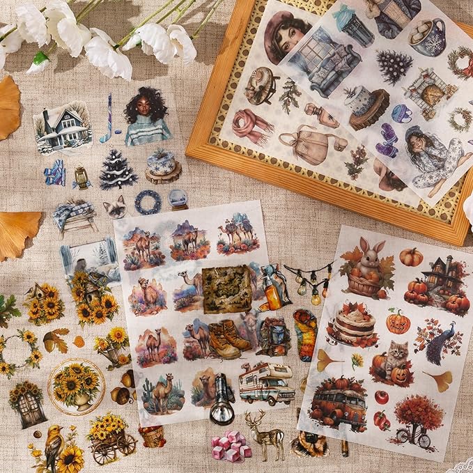 TIAMECH Desert Secrets Sticker Book - Mysterious Egypt Series, 20 Sheets PET & Washi Stickers for Scrapbooking, Ephemera, Waterproof Junk Journaling Supplies & DIY Crafts (Size 10.5 x 7.1in)