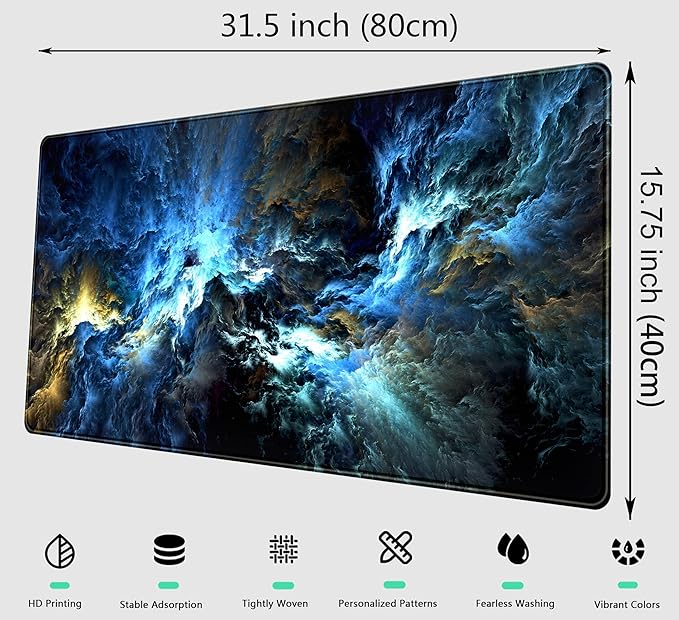 Cool Blue Waves Desk Mat XXL Gaming Mouse Pad, Large Extended Non-Slip Rubber Base Mousepad, Keyboard Mouse Mat, Desk Pad with Stitched Edges 31.5x15.75 in, Desktop Accessories Mat for Women