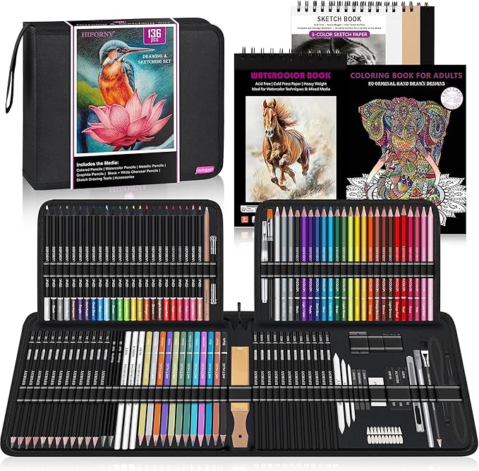 HIFORNY 136 PCS Drawing & Sketching Set,Pro Art Supplies with Graphite,Charcoal,Colored,Watercolor,Metallic Pencils,Blending Tools,Sketchbook,Watercolor Book and Coloring Book in Zipper Case (Black)