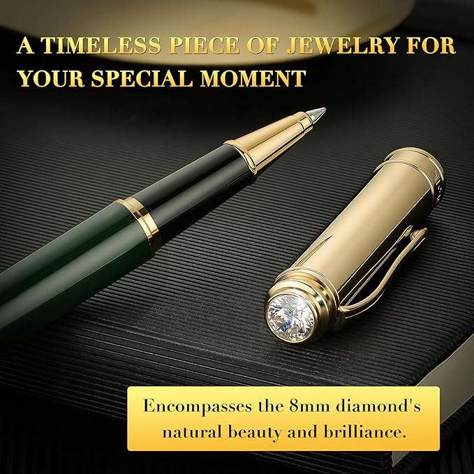 Luxury Rollerball, With 8mm Brilliant diamond,Green Lacquer Pen, Attractive 24K Gold Finish, Schmidt Ink Refill,Glitter Fancy Pens Gifts for Men & Women, Office, Executive, Nice Designer pens