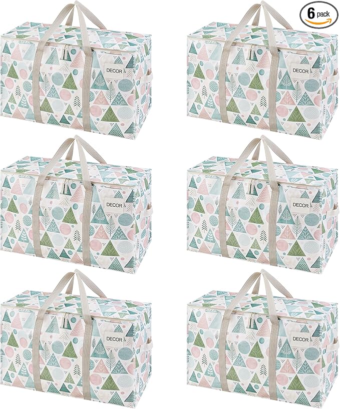 VENO 6 Pack Moving Bags and Large Christmas Storage Bins with lids. Alternative to Moving Boxes, Packing Supplies for College. Extra Large Heavy Duty Totes for Packaging (Pastel Forest, 6 Pack)