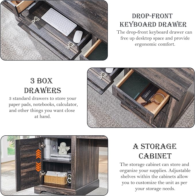 RedLemon 60" Executive Desk, Farmhouse Home Office Desk with Drawers, Charging Station, Keyboard Tray, File Drawer, Storage Cabinet, Wood Rustic Computer Writing Desk (Dark Rustic Oak)