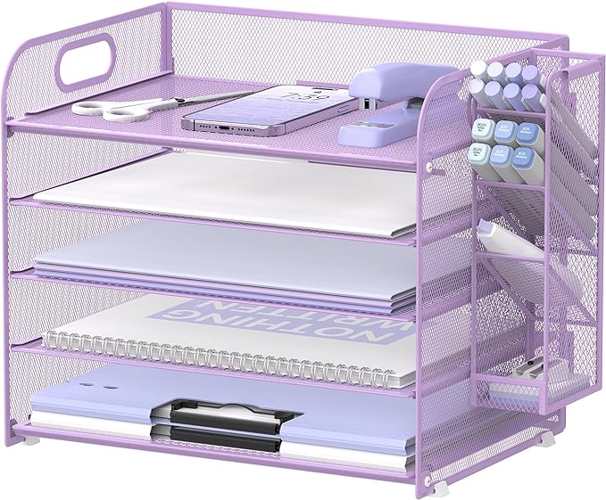 SUPEASY 5 Tier Desk Organizer with Handle & Removable Pen Holders, Mesh Paper/File Organizer for Desk, Paper Letter Tray Organizer for Office Supplies (Purple)