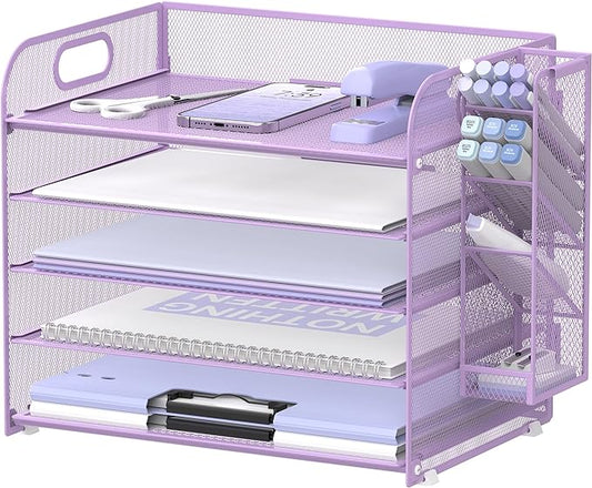 SUPEASY 5 Tier Desk Organizer with Handle & Removable Pen Holders, Mesh Paper/File Organizer for Desk, Paper Letter Tray Organizer for Office Supplies (Purple)