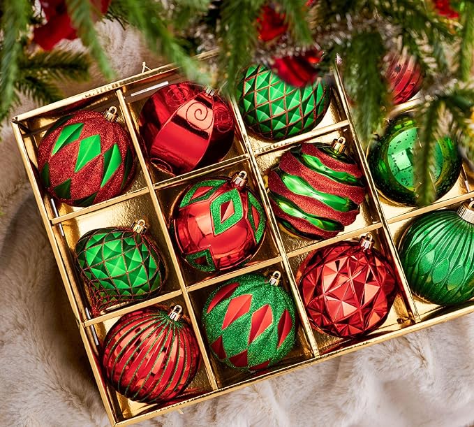 Hollyone 4 Inch Red & Green Christmas Ornaments - 12 Pcs Shatterproof Balls for Xmas Tree Decor & Holiday Party Wreath (Red & Green, 100mm)