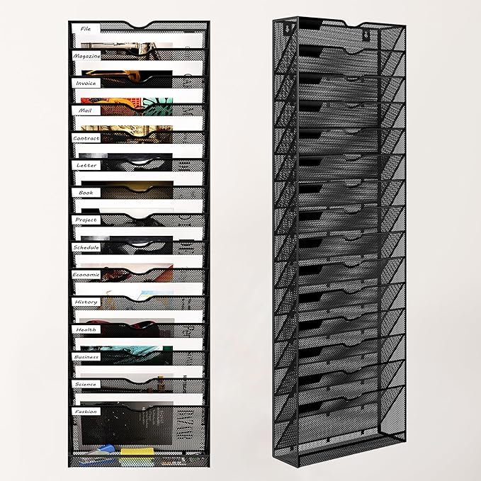 16 Tier Hanging Wall File Holder, Metal A4 Wall Mounted Document Holder, Vertical Hanging Mail Organizer, Magazine Storage Rack with Tray for Office Home Classroom, Black