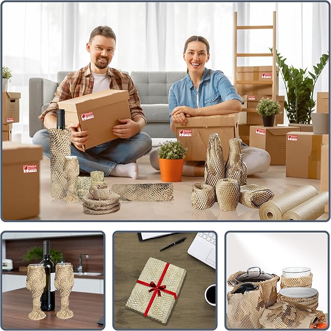 Bubble Wrap Substitute - Honeycomb Packing Paper 15''x360', Cushioning Wrap Moving, Shipping, Packing for Glassware, Plates, Cups with 36 Fragile Sticker Labels