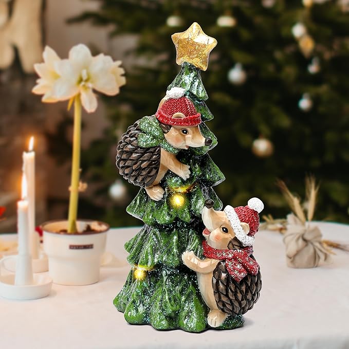 Christmas Hedgehog Statue with Lights for Christmas Decorations Indoor, Christmas Tree Hedgehog Figurine for Home Decor, Winter Xmas Holiday Decor for Table Shelf Mantle Fireplace,Xmas New Year Gifts